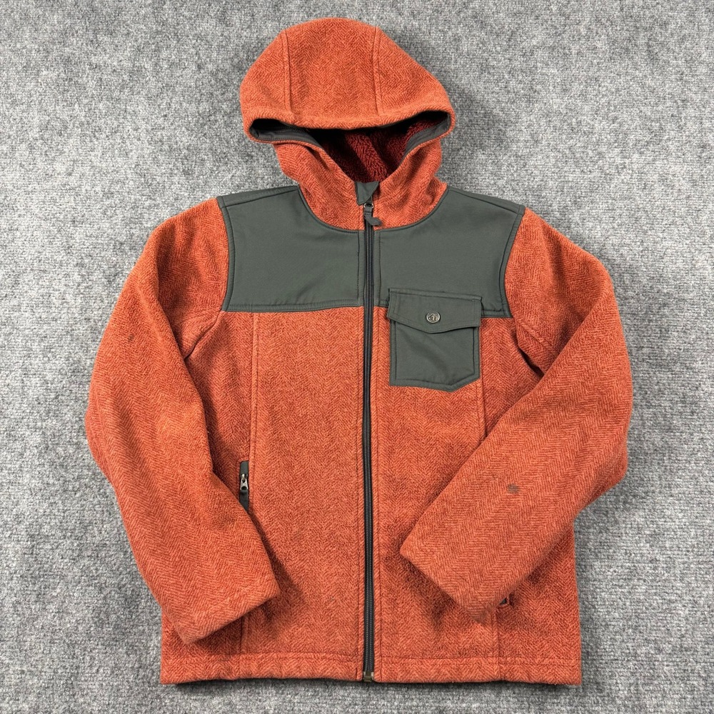 REI Fleece Jacket Boys M 10/12 Orange Herringbone Sherpa Lined Hooded Outdoor